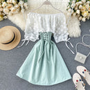 2022 Sexy Off Shoulder patchwork Summer Short Dress Party flower chiffon Slim waist lace up Women casual A-Line beach dress