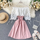 2022 Sexy Off Shoulder patchwork Summer Short Dress Party flower chiffon Slim waist lace up Women casual A-Line beach dress