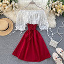2022 Sexy Off Shoulder patchwork Summer Short Dress Party flower chiffon Slim waist lace up Women casual A-Line beach dress