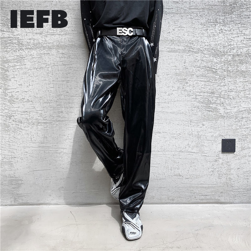 IEFB 2022 Spring new net trend personality streetwear bright PU leather trousers side tight waist loose casual pants men&
