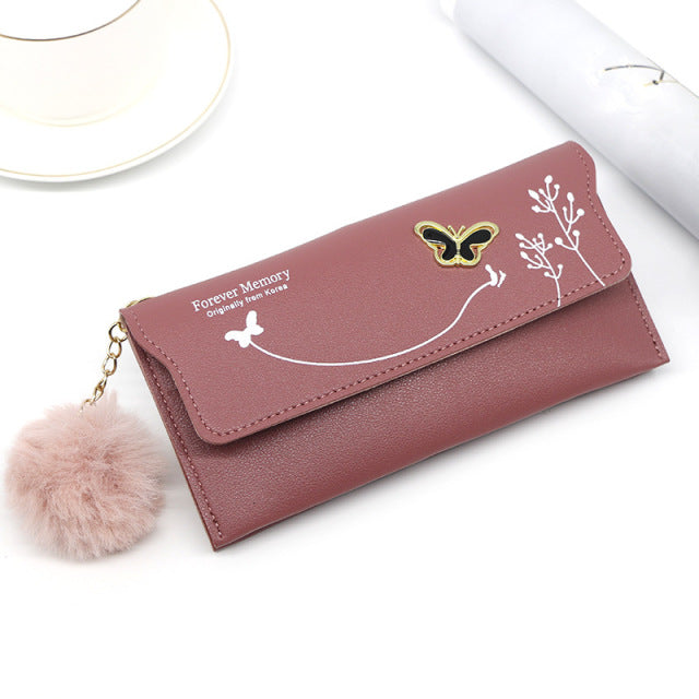 Modische neue Frauen lange Geldbörsen reine Farbe Wollknäuel Bogen Handtasche Damen lange Tasche Kartentasche Geldbörse