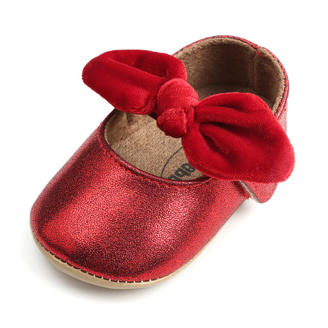 Newborn Baby Shoes Baby Boy Girl Shoes Girl Classic Bowknot Rubber Sole Anti-slip PU Dress Shoes First Walker Toddler Crib Shoes