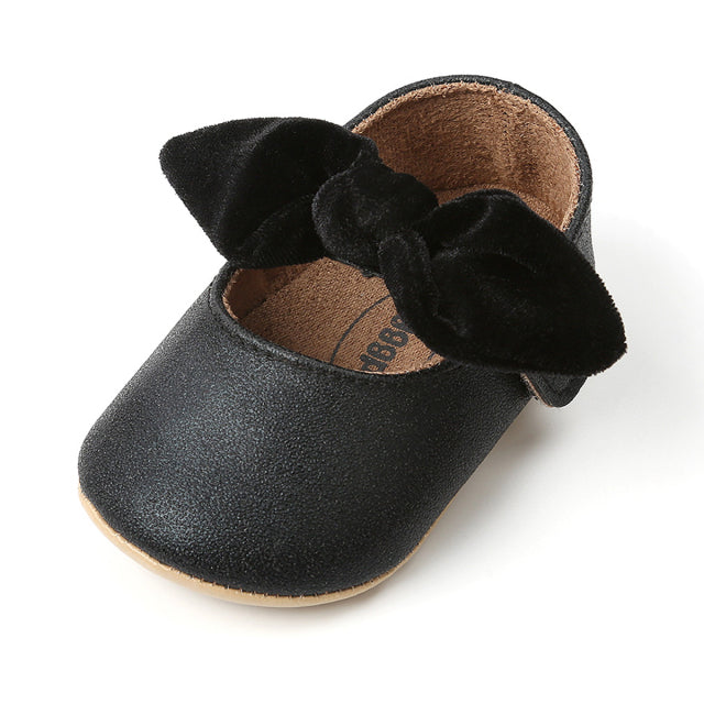 Newborn Baby Shoes Baby Boy Girl Shoes Girl Classic Bowknot Rubber Sole Anti-slip PU Dress Shoes First Walker Toddler Crib Shoes