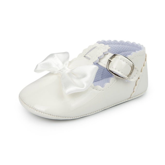 Zapatos de bebé recién nacido, zapatos de bebé (niño o niña), zapatos de vestir de PU antideslizantes con suela de goma con lazo clásico para niña, zapatos de cuna para primeros pasos para niños pequeños
