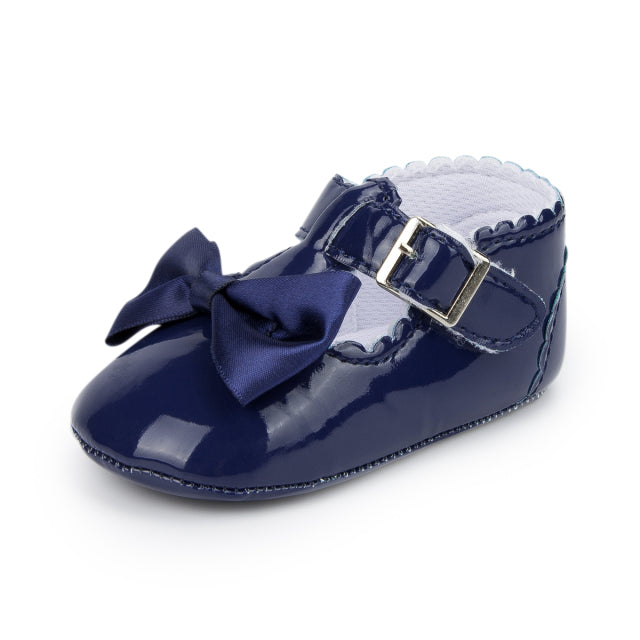 Zapatos de bebé recién nacido, zapatos de bebé (niño o niña), zapatos de vestir de PU antideslizantes con suela de goma con lazo clásico para niña, zapatos de cuna para primeros pasos para niños pequeños