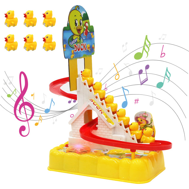 Schwein Actionfiguren Spielzeug DIY Rail Racing Track Kleine Ente Treppensteigen Spielzeug Elektroauto Treppe Musik Lernspielzeug für Kinder