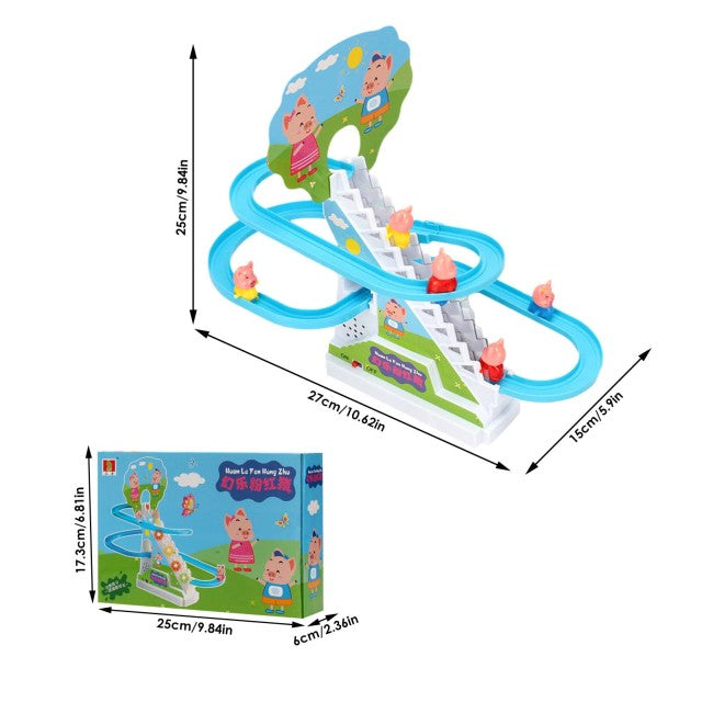 Schwein Actionfiguren Spielzeug DIY Rail Racing Track Kleine Ente Treppensteigen Spielzeug Elektroauto Treppe Musik Lernspielzeug für Kinder