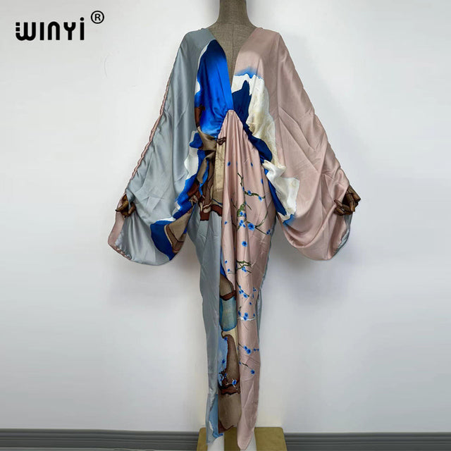 Sexy bech hochwertiger, handgerollter Seiden-Viskose-Modedruck 2021 WINYI Maxi-Damenroben, langer Strand, böhmisches Kleid mit V-Ausschnitt