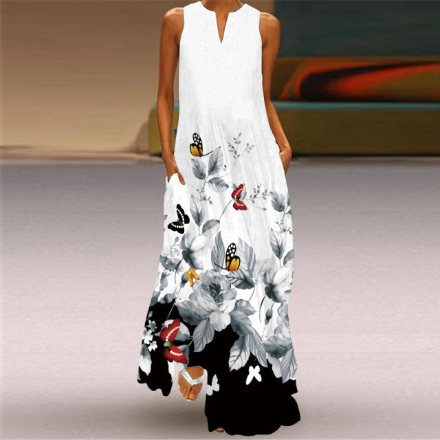 WAYOFLOVE 2022  Sleeveless Black Dress Summer Beach Casual Elegant Breathable Long Dresses Woman V Neck Rose Print Women&