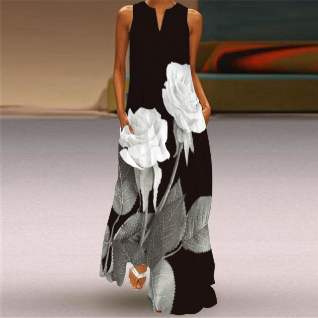 WAYOFLOVE 2022 Ärmelloses Schwarzes Kleid Sommer Strand Lässige Elegante Atmungsaktive Lange Kleider Frau V-Ausschnitt Rosendruck Damenkleid