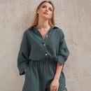HiLoc, ropa de dormir informal, pijamas de algodón para mujer, conjuntos de traje con cuello vuelto, manga de nueve cuartos, Tops para dormir, pantalones cortos, ropa de casa femenina