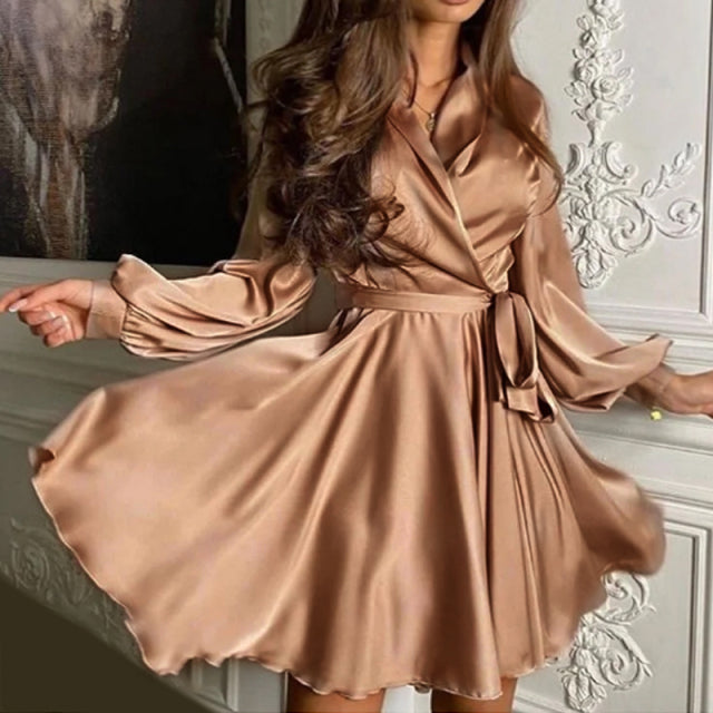 Sexy Satin Sashes A Line Mini Dress Lantern Sleeve Elegant Party Dress 2022 Spring Fashion Women&