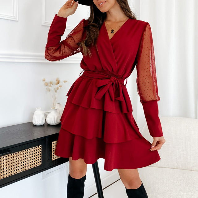 Frühlings-neue Damen-beiläufiges Büro-Minikleid 2022 Sommer-Verpackungs-V-Ausschnitt-elastische Taillen-Partei-Kleid für Frauen gekräuseltes Chiffon-Kleid