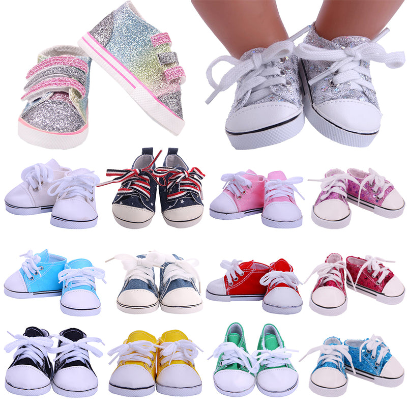 Zapatos de muñeca de lona de 7 cm, 14 estilos, accesorios de ropa para ropa de bebé nacido de 43 cm, muñeca americana de 18 pulgadas, juguete para niña de nuestra generación