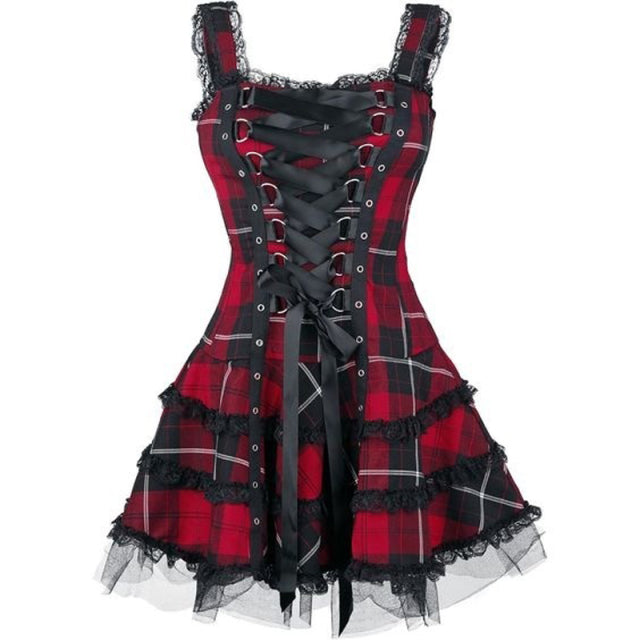Dress Women Classic Frill Lace Dresses Sleeveless Plaid Vintage Gothic Mini Dresses Ball Gowns Cosplay Costume fashion Dress