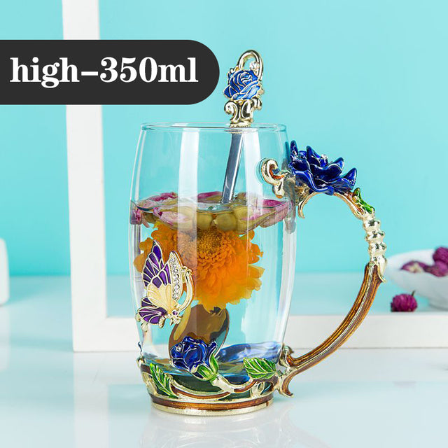 Taza de cristal esmaltada de rosa azul, vaso de té de flores, taza de flores de cristal de alta calidad con asa, regalo perfecto para amantes de la boda