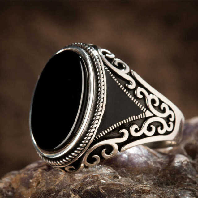 30 Styles Vintage Handmade Turkish Signet Ring For Men Women Ancient Silver Color Black Onyx Stone Punk Rings Religious Jewelry