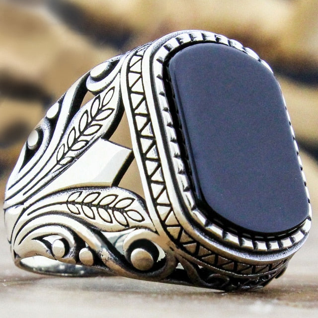 30 Styles Vintage Handmade Turkish Signet Ring For Men Women Ancient Silver Color Black Onyx Stone Punk Rings Religious Jewelry