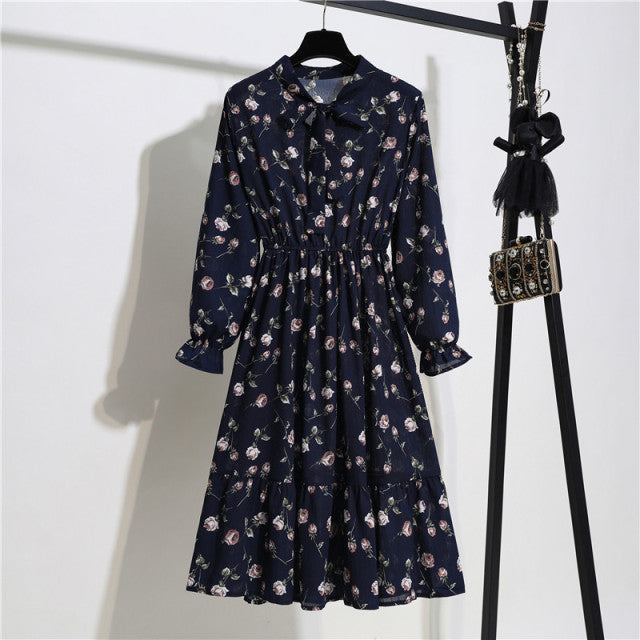 2022 vestido de mujer con estampado Floral para mujer otoño manga larga Vintage gasa pajarita cuello Oficina señora camisa vestido de verano Vestidos