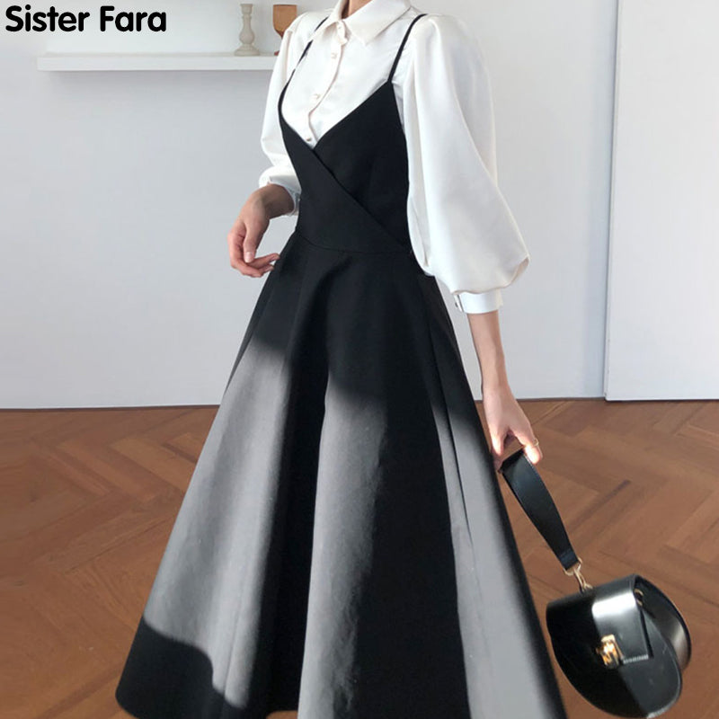 Schwester Fara Neues Frühlingskleid 2022 Frauen Einreiher Laternenärmel Hemd Set + Camisole Bogen Plissee Feste Kleider