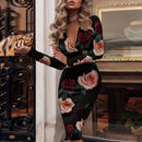 Sexy Deep V-neck Long Sleeve Slim Dress Women Fall Fashion Solid Double Breasted Elegant Office Ladies Dress Party Dresses Robe