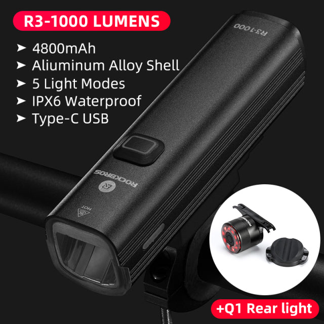 ROCKBROS 1000LM Fahrradlicht Frontlampe USB Wiederaufladbare LED 4800mAh Fahrradlicht Wasserdichter Scheinwerfer Fahrradzubehör