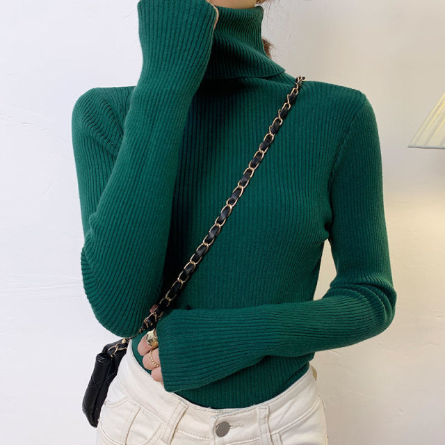 Zoki Neue 2022 Frauen Pullover Rollkragenpullover Herbst Langarm Dünne Elastische Koreanische Einfache Grundlegende Billige Pullover Einfarbig Top