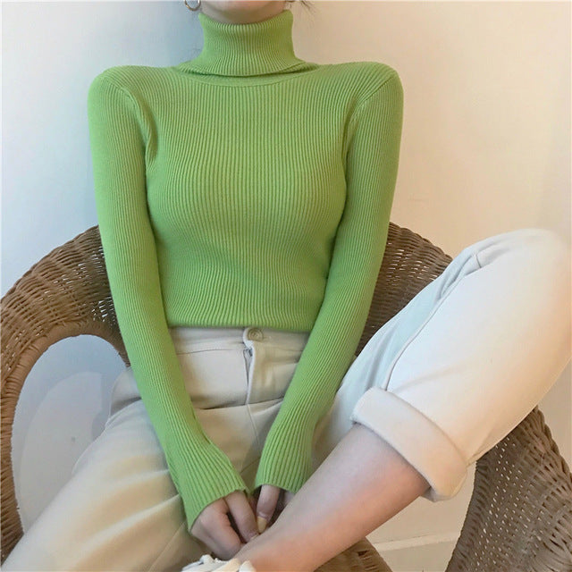 Zoki Neue 2022 Frauen Pullover Rollkragenpullover Herbst Langarm Dünne Elastische Koreanische Einfache Grundlegende Billige Pullover Einfarbig Top