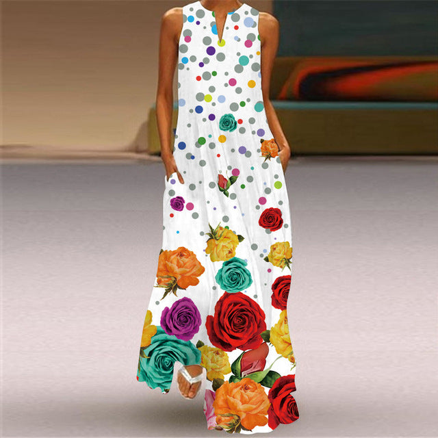 Frauen Plus Size Kleid 5XL Sexy V-Ausschnitt Blumenblätter Drucken Boho Strandkleid Taschen A-Linie Lose Chiffon Lange Maxi Partykleider