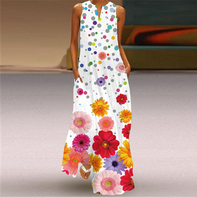 Women Plus Size Dress 5XL Sexy V Neck Floral Leaves Print Boho Beach Dress Pockets A Line Loose Chiffon Long Maxi Party Dresses