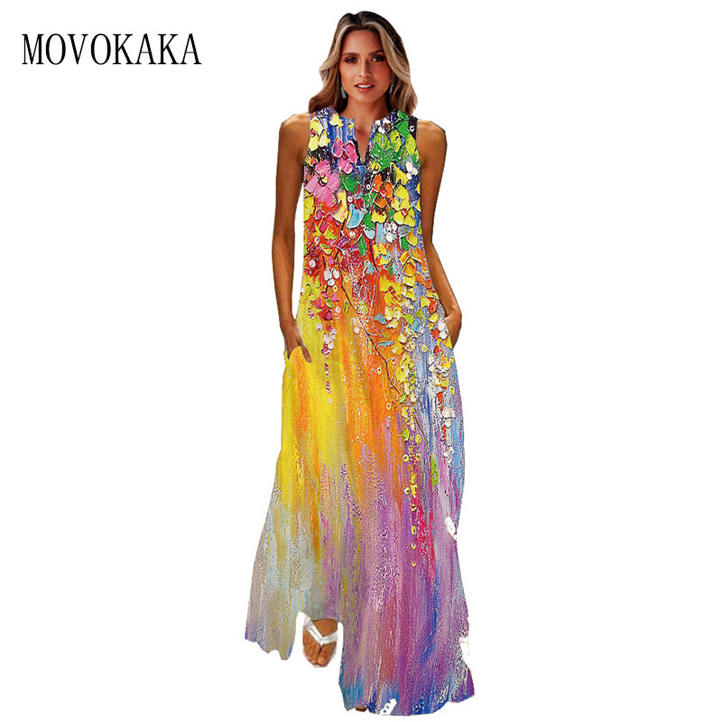 MOVOKAKA Frühlings-Sommer-Druck-langes Kleid-Frauen-Strand-Feiertags-beiläufige Mode-elegante Kleider-Partei-ärmellose V-Ausschnitt-Maxi-Kleider