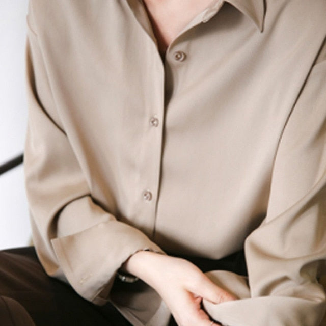 Seide Koreanische Büro Damen Elegante Hemdbluse Damenmode Button Up Satin Hemd Vintage Weiß Langarmshirts Tops 11355