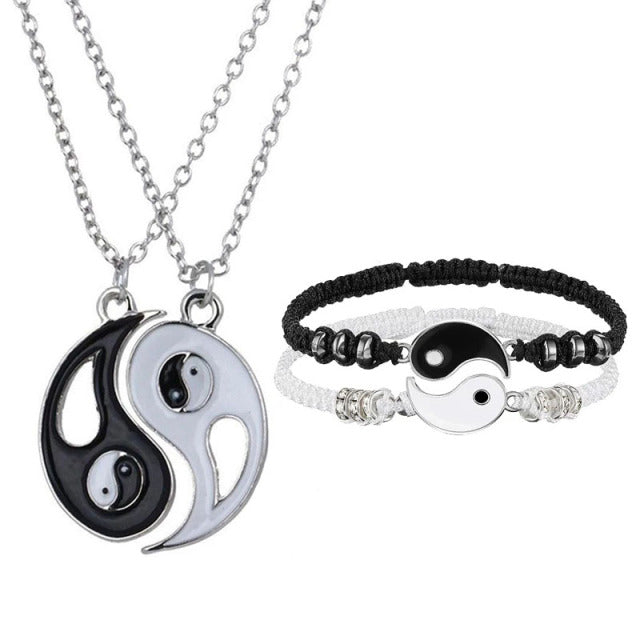 Tai Chi Yin Yang Couple Bracelets Alloy Pendant Adjustable Braid Chain Bracelet Necklace Matching Lover Bracelets Necklaces