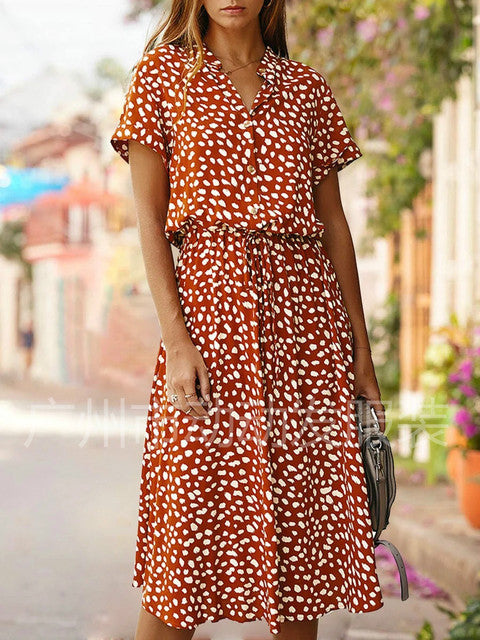 2021 Summer Polka Dot Dress Ladies Leopard Print Shirt Dress, Bohemian, Mid-length, High Waist, Beachwear, Vacation, Summer