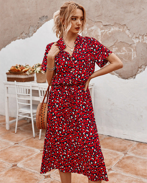 Vestido de lunares de verano 2021, vestido camisero con estampado de leopardo para mujer, bohemio, de longitud media, cintura alta, ropa de playa, vacaciones, verano