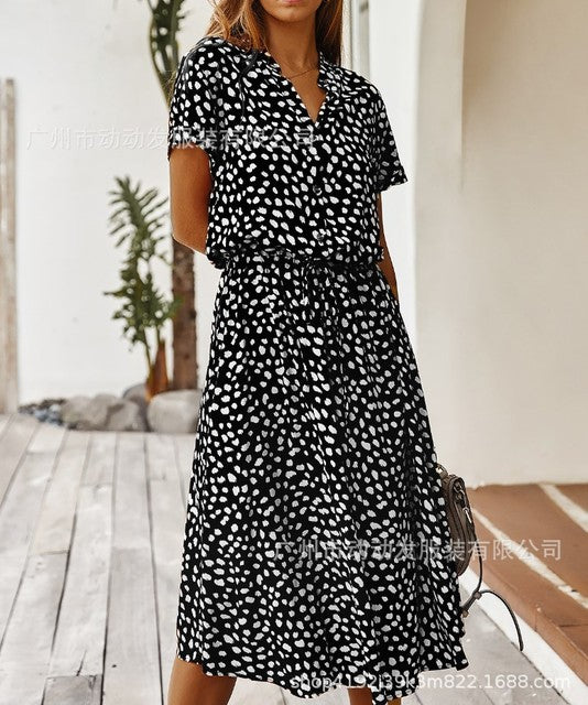 Vestido de lunares de verano 2021, vestido camisero con estampado de leopardo para mujer, bohemio, de longitud media, cintura alta, ropa de playa, vacaciones, verano