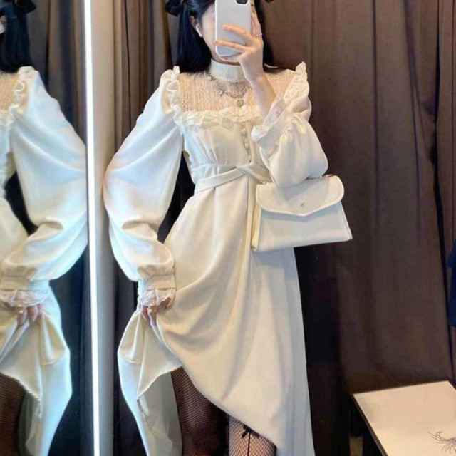 Französische Spitze Vintage Kleid Damenmode Pufferhülse Elegantes Einteiliges Kleid Koreanisch 2022 Frühling High Street Schlankes Midikleid Y2k