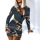 Mini vestido Sexy de manga larga ceñido al cuerpo para mujer otoño 2021 moda cuello en V profundo estampado Club trajes vestidos de fiesta bata informal para mujer