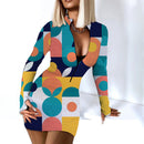 Mini vestido Sexy de manga larga ceñido al cuerpo para mujer otoño 2021 moda cuello en V profundo estampado Club trajes vestidos de fiesta bata informal para mujer