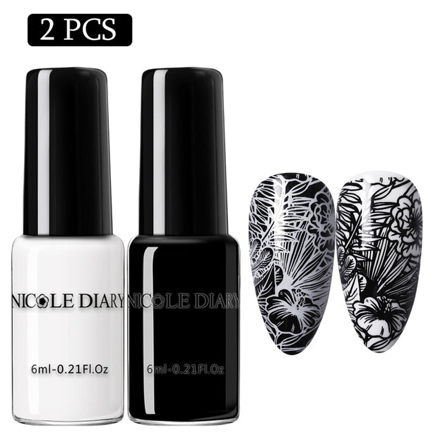 NICOLE DIARY 6ml Estampado de esmalte de uñas Negro Blanco Nail Art Impresión Barniz Sello para uñas Esmalte de uñas híbrido Lacas