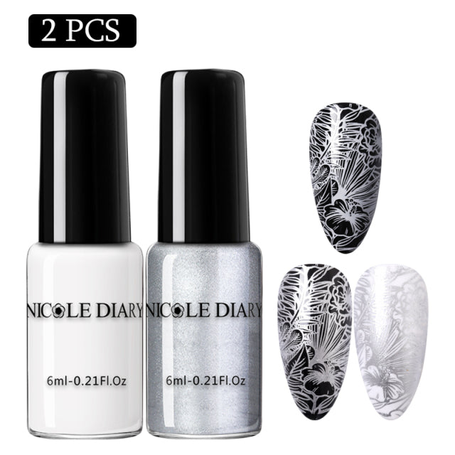 NICOLE DIARY 6ml Estampado de esmalte de uñas Negro Blanco Nail Art Impresión Barniz Sello para uñas Esmalte de uñas híbrido Lacas