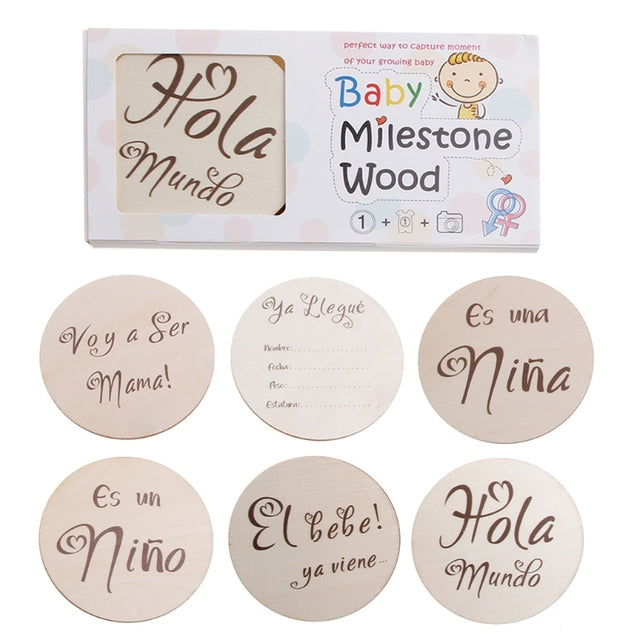 6 uds. De tarjetas de madera con letras españolas para bebés, tarjetas de fotos para grabación mensual de nacimiento de recién nacidos, álbum de crecimiento para niños, accesorios de recuerdo