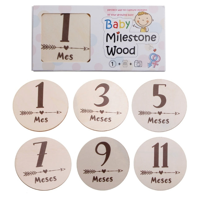 6 Pcs Wooden Spanish Letters Baby Milestone Cards Newborn Birth Monthly Recording Photo Cards Kids Growth Album Souvenir Props