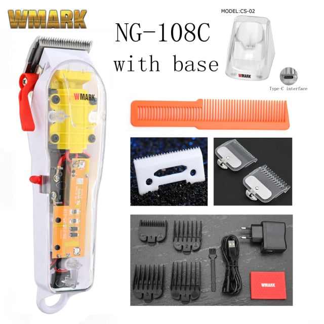2021 WMARK nuevo modelo NG-108 Máquina para cortar cabello recargable cortadora de cabello cubierta transparente Base blanca o roja 7300rpm