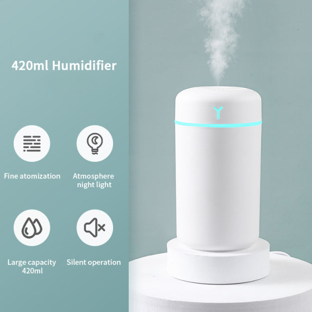 Humidificador de aire portátil de 420ml, Humidificador de aceite aromático para el hogar, coche, rociador de niebla fría USB con purificador de luz nocturna suave de colores