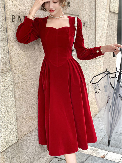 Frankreich Vintage Kleid Frauen Herbst Winter Solide Retro Elegante Abendgesellschaft Midikleid Lange Ärmel Koreanischen Stil Kleid Fee 2021