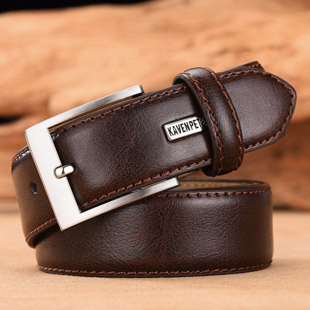 Men&#39;s Leather High Quality Classic Belt Alloy Pin Buckle Men&#39;s Matching Jeans Business Cowhide Belt Black Color Dark Brown Color