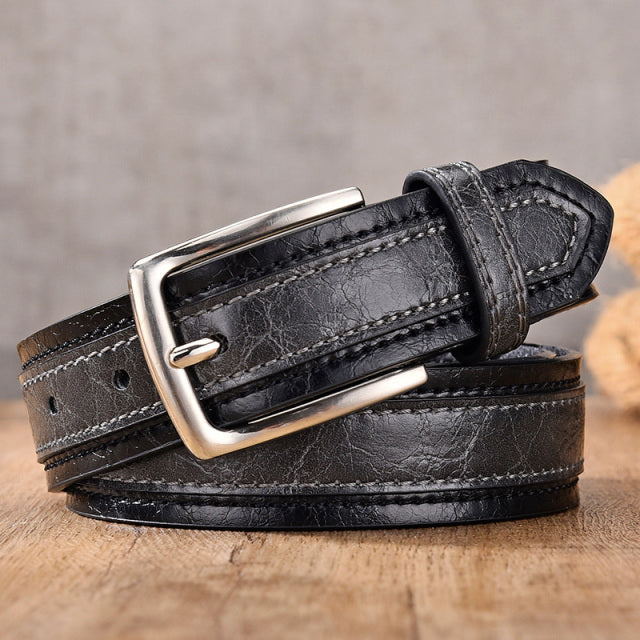 Men&#39;s Leather High Quality Classic Belt Alloy Pin Buckle Men&#39;s Matching Jeans Business Cowhide Belt Black Color Dark Brown Color
