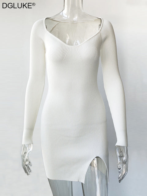 Elegantes weißes Pulloverkleid Frauen V-Ausschnitt Langarm Strickfigurbetontes Kleid Sexy Schlitz Minikleid Herbst Frühling 2022