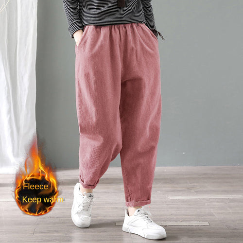 Warme Winterhose aus Samt für Damen, elastischer Bund, Cord, Haremshose, lose, solide Taschen, übergroße Streetwear-Hose für Damen